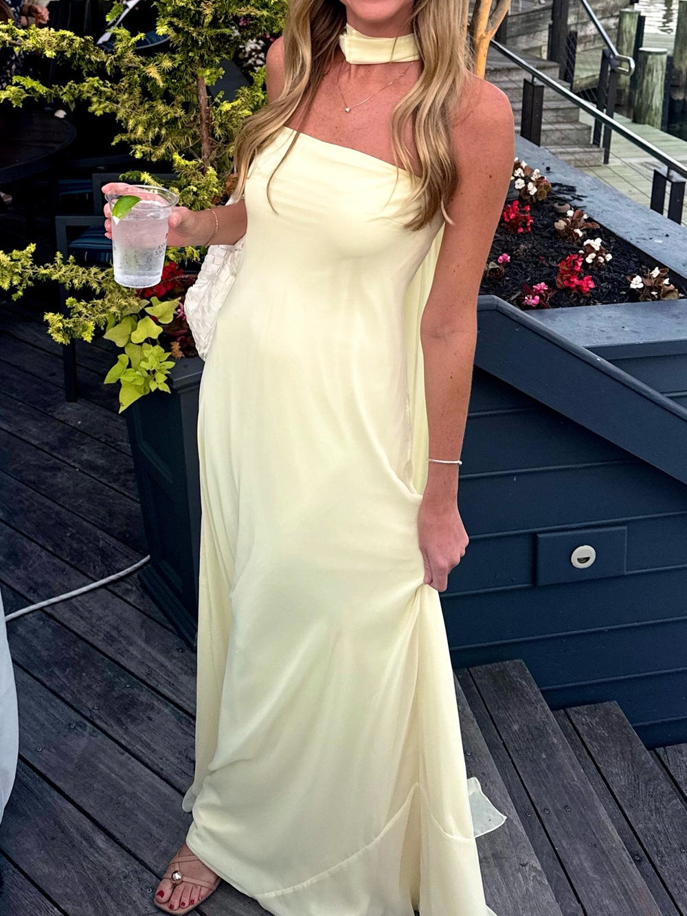 Yellow chiffon strapless dress with neck scarf